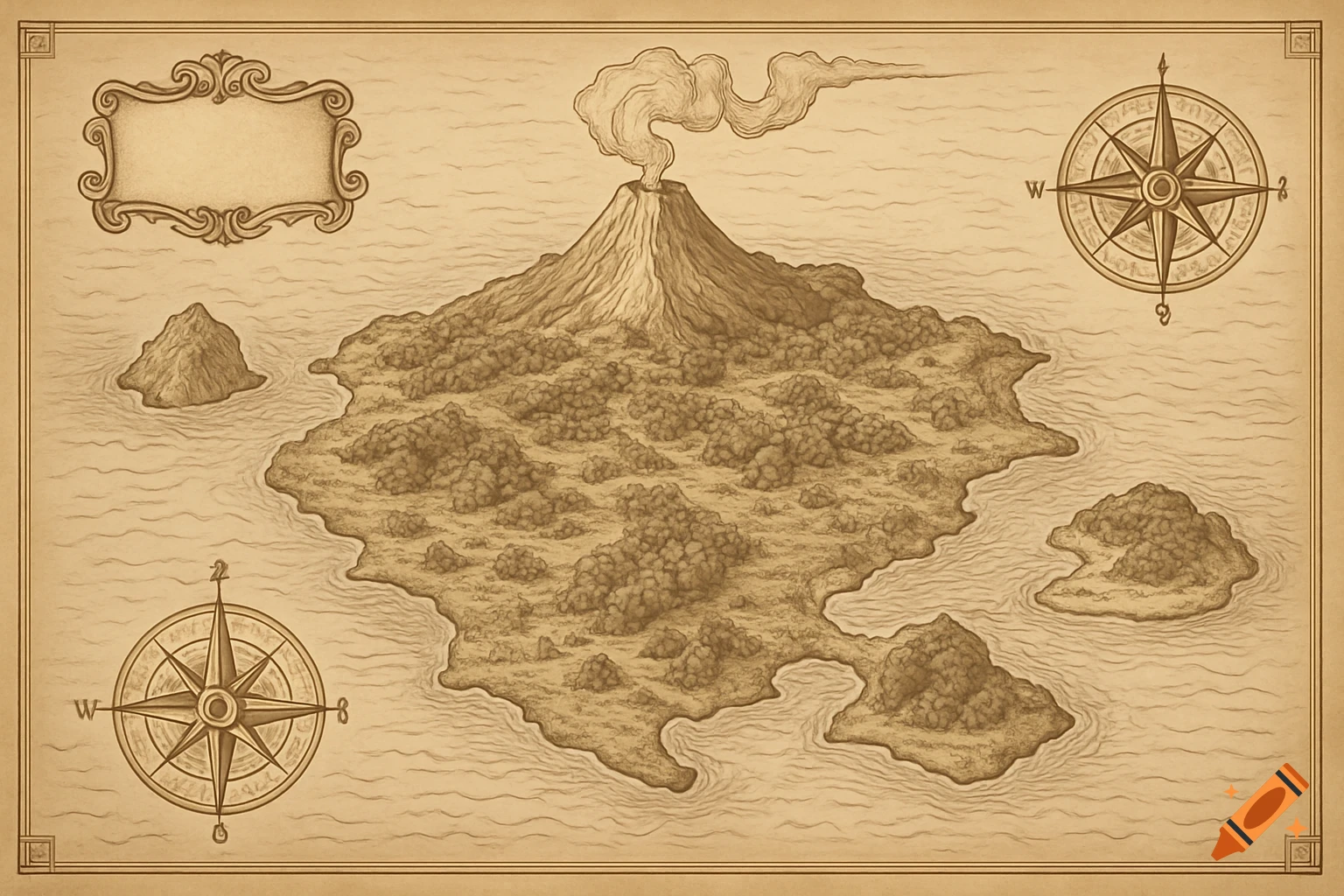 Vintage-style map depicting a volcanic island surrounded by smaller islands and a wavy sea, with compass roses and an ornate frame.