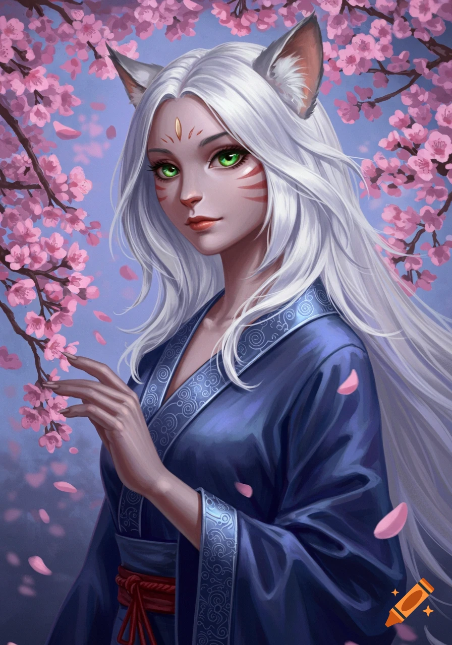 A white-haired catgirl with green eyes and facial markings in a blue kimono, touching cherry blossoms. Fantasy art style.