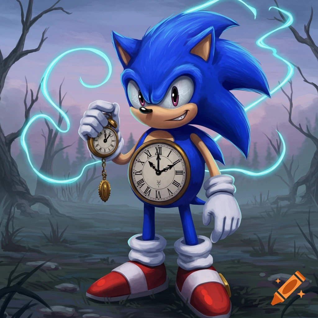 Sonic the Hedgehog with a clock on his belly, creepy eyes, holding a small pocket watch, in a spooky forest at twilight. Neon blue energy trails behind him.