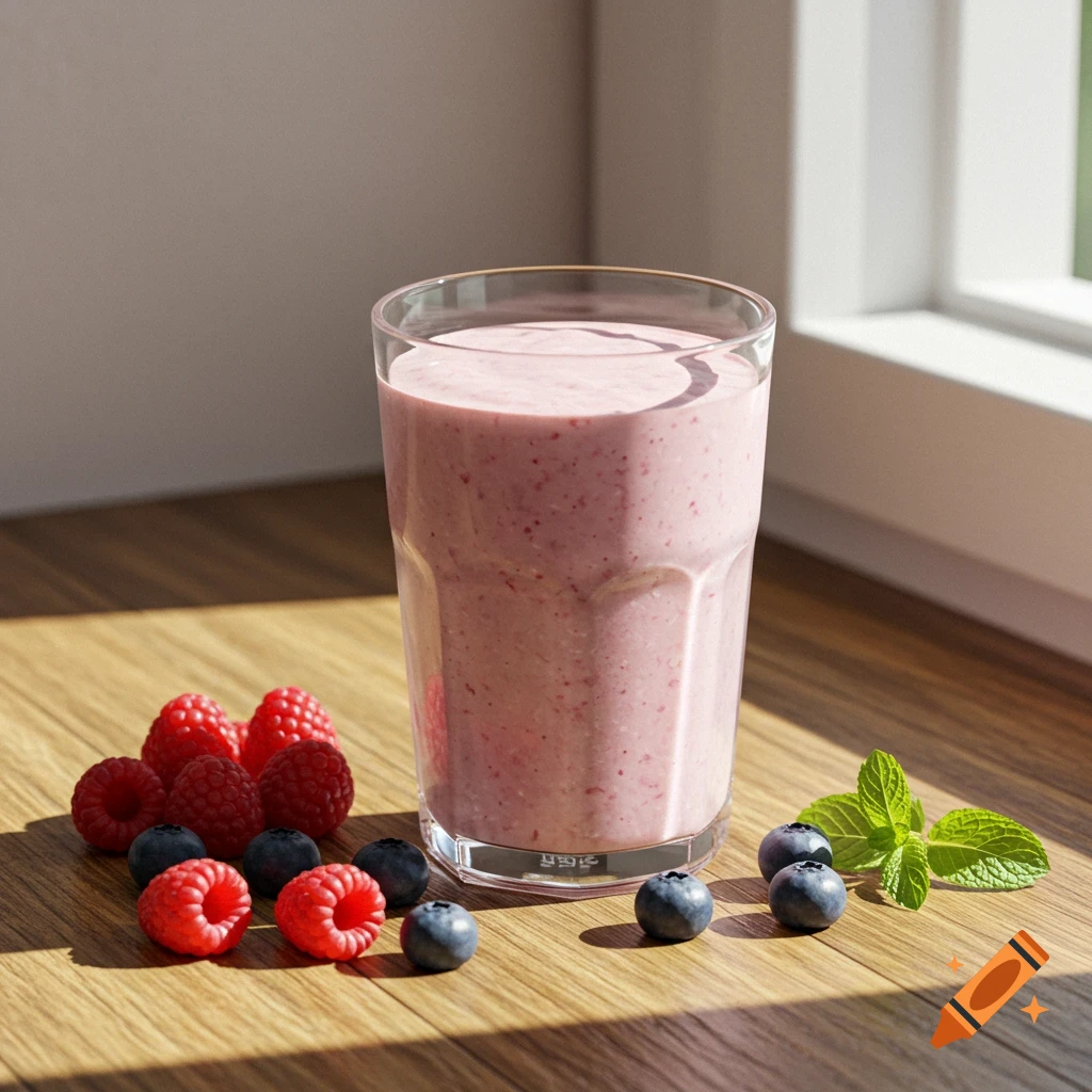 Photorealistic pink berry smoothie, fresh raspberries, blueberries, and mint on a sunlit wooden table.