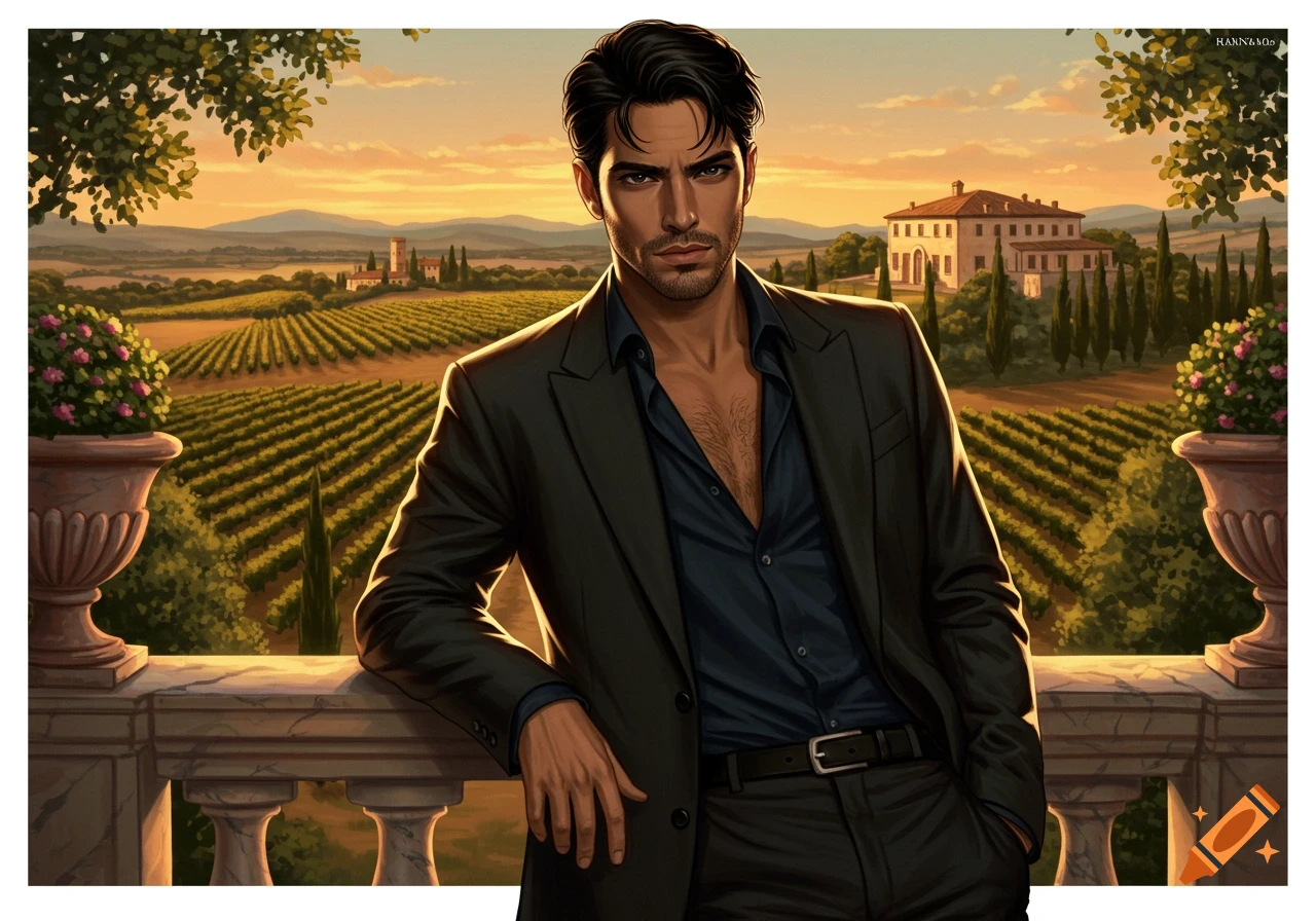 A handsome man in an open-collared shirt and suit leans on a balcony overlooking a Tuscan vineyard and villa at sunset, digital painting.