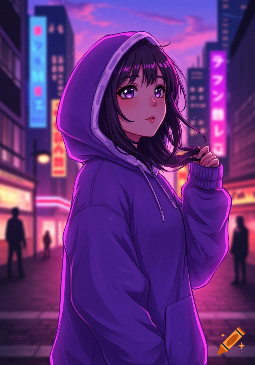Anime girl in a purple hoodie on a neon-lit city street at dusk.