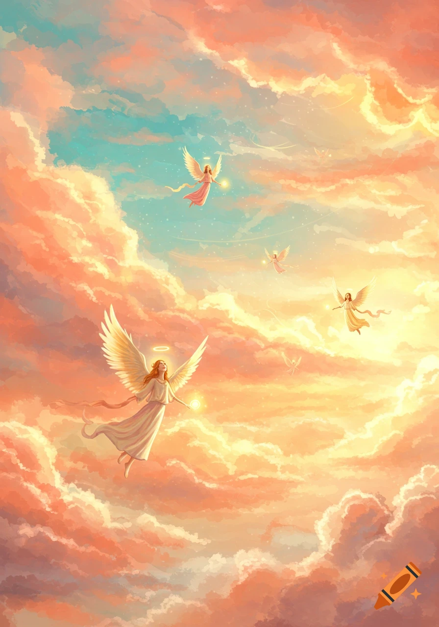 Luminous illustration of several winged angels with halos flying gracefully amidst warm-toned, ethereal clouds and a serene blue sky.