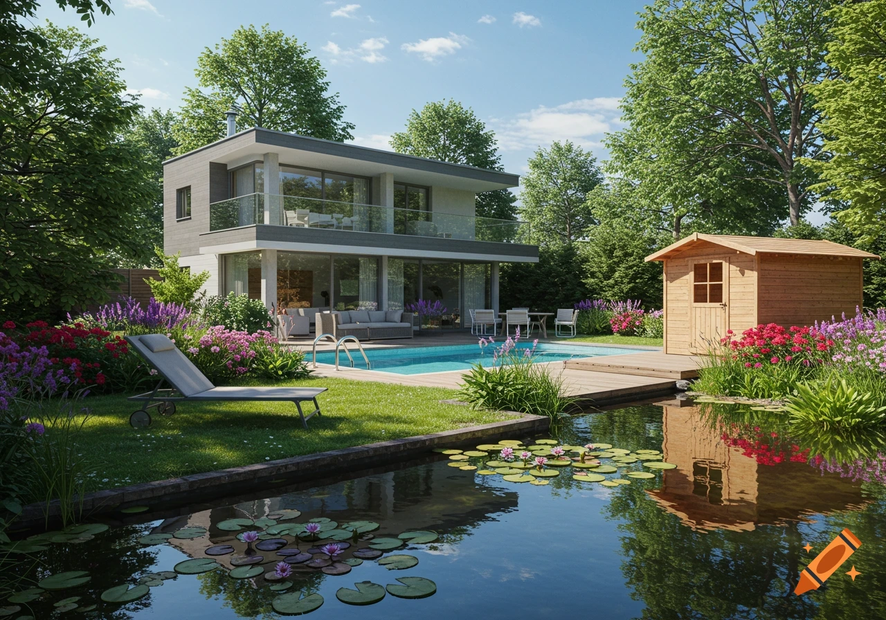 Photorealistic image of a modern house with a pool, lush garden, pond with water lilies, and a wooden shed under a sunny sky.