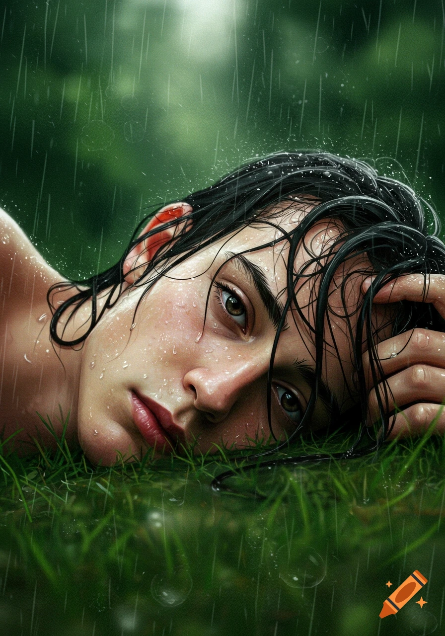 Close-up, photorealistic portrait of a person with wet hair lying in green grass under the rain. The person has a melancholic expression.