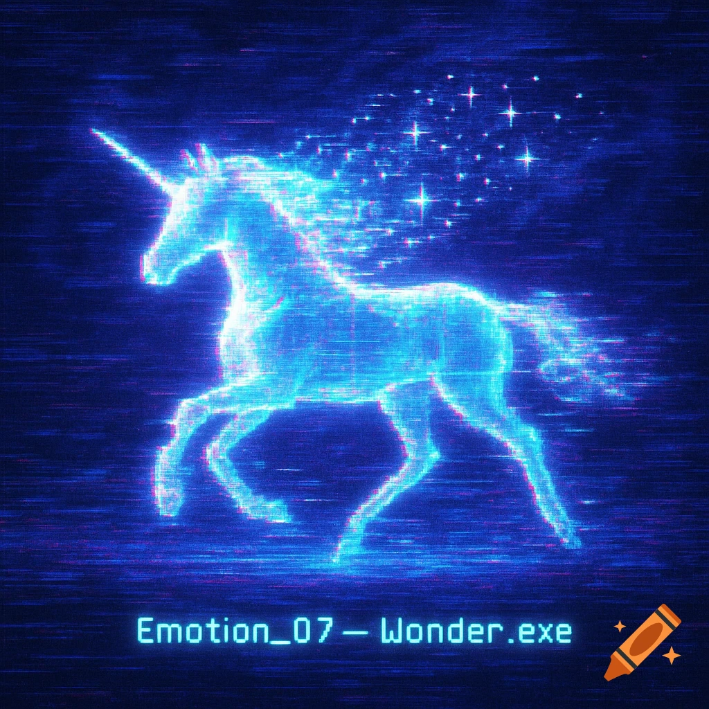 A neon blue glitch art unicorn with sparkling pixel dust trailing from its mane, set against a dark blue background with text.