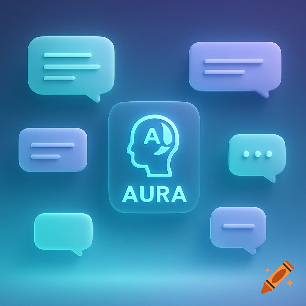 Glowing chat bubbles surround a central icon of a head with an 'A' and 'AURA' text, in a sleek, modern style with teal and violet tones.