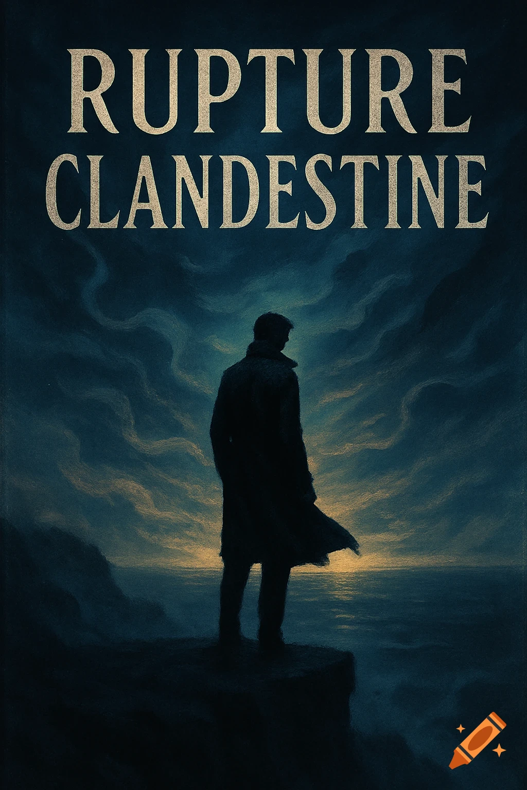 Book cover illustration of a silhouetted man in a trench coat on a cliff overlooking a stormy sea at sunset, with 'RUPTURE CLANDESTINE' at the top.