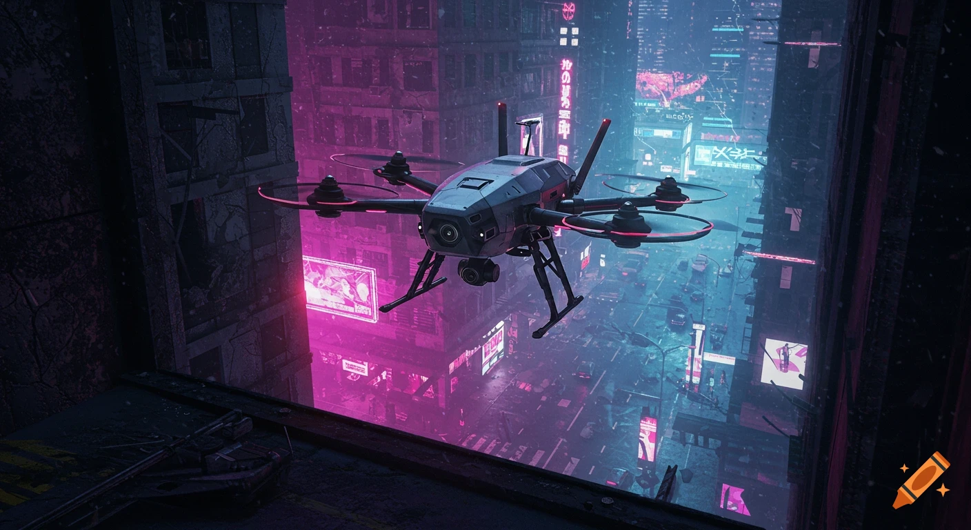 A futuristic quadcopter drone flies in a dark, neon-lit dystopian cityscape.