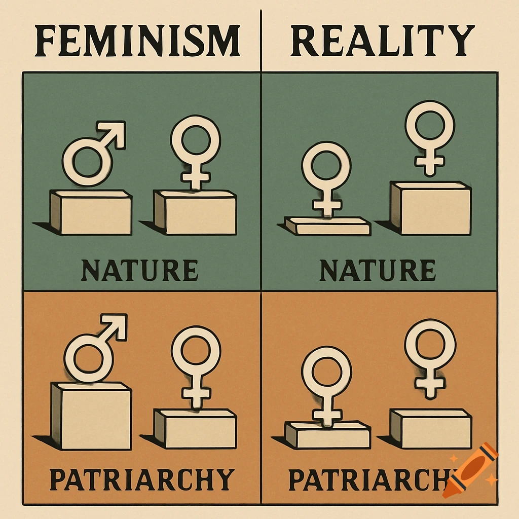 A four-quadrant diagram titled 'Feminism' and 'Reality'. It depicts male and female symbols on platforms, illustrating perceived differences in natural and patriarchal contexts.
