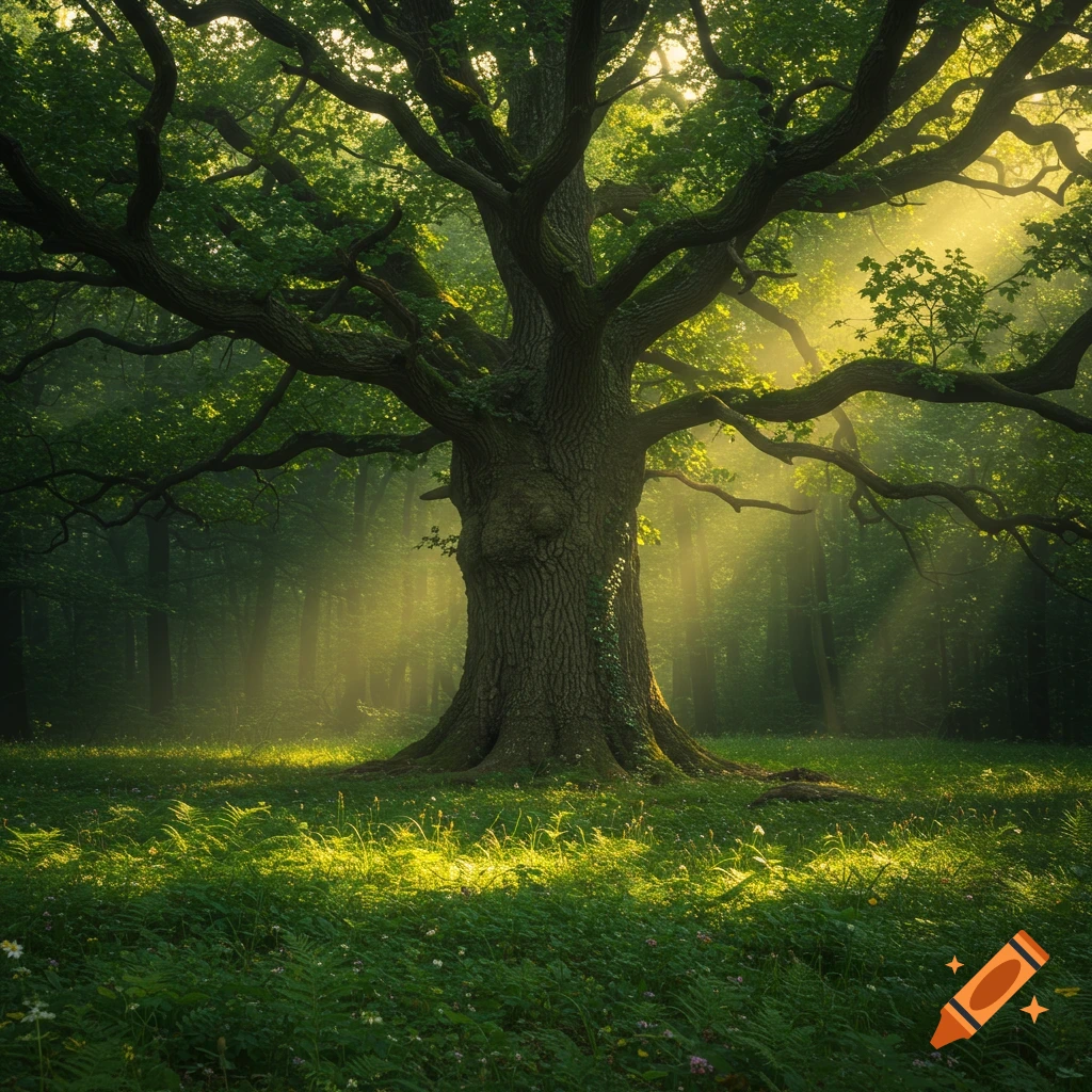 A majestic ancient tree with a thick trunk and lush green canopy stands in a sun-dappled forest clearing, bathed in golden light.
