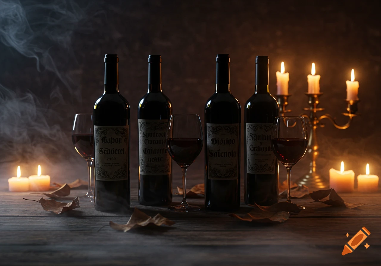 Four dark wine bottles, two wine glasses, burning candles, and dry leaves on a wooden table in a smoky, dimly lit, Halloween setting.