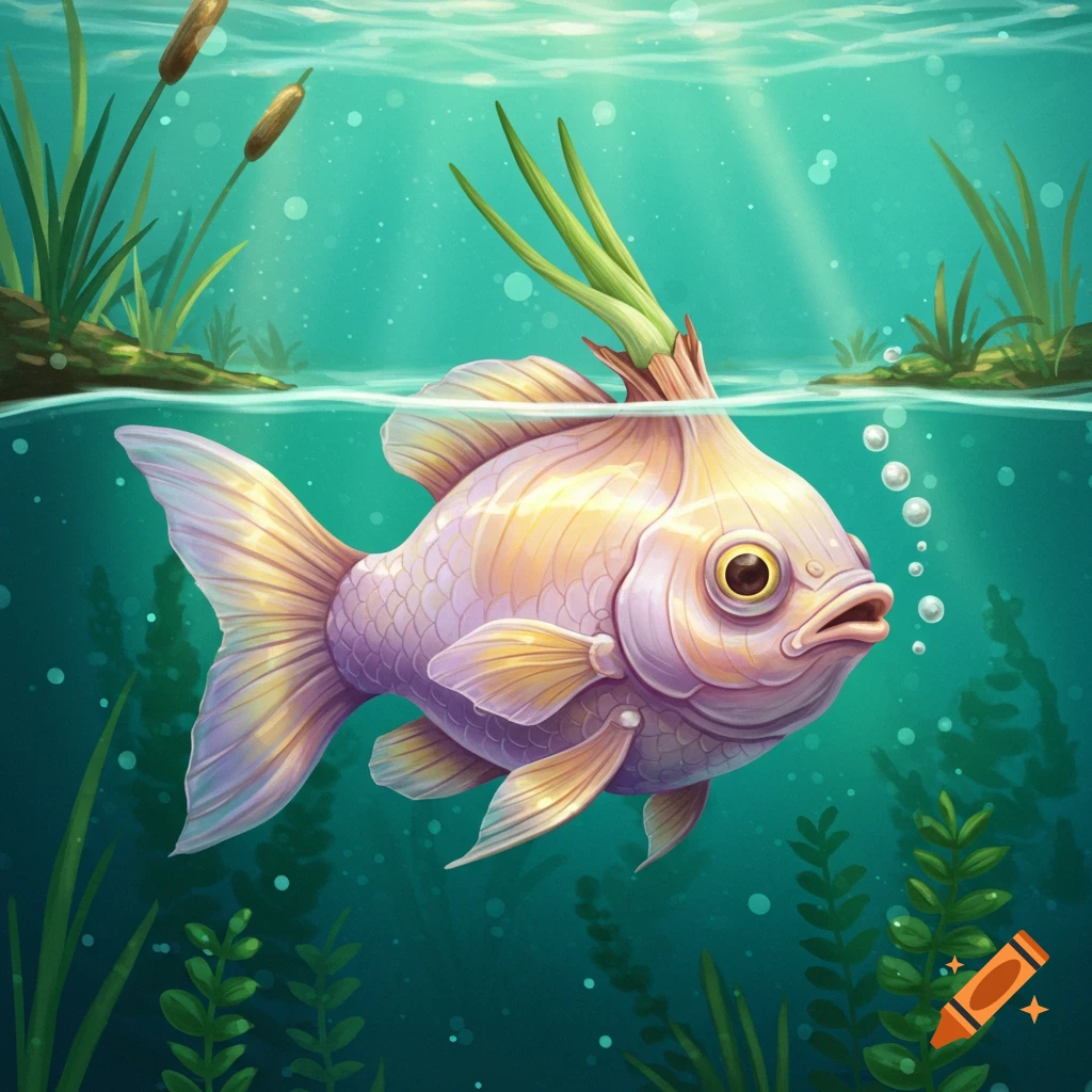 A whimsical, colorful onion-bodied fish with green shoots on its head swims in a bright underwater scene with plants and bubbles.