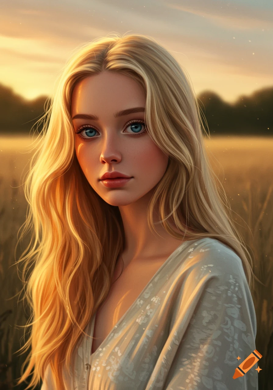 Photorealistic portrait of a young blonde woman with blue eyes, bathed in golden light in a field at sunset.