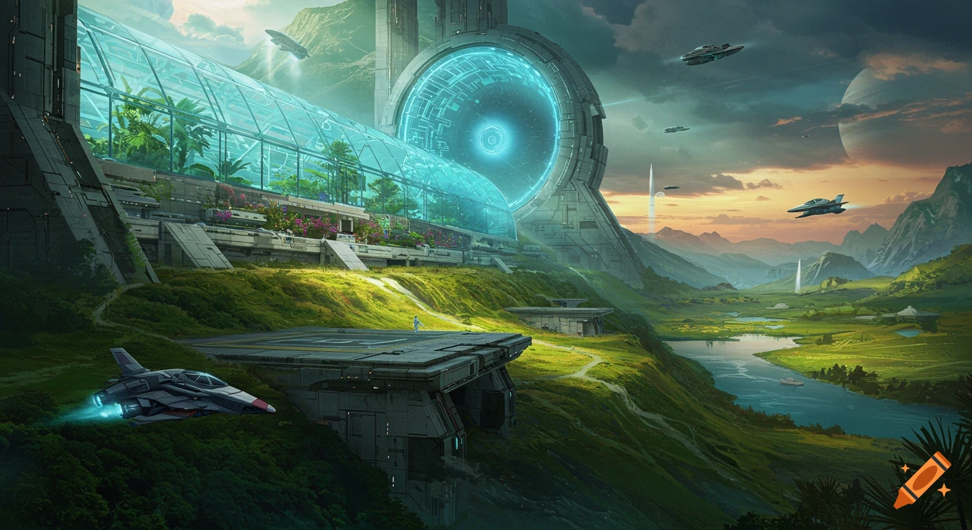 Futuristic base with glass greenhouse and glowing portal on a lush planet. Flying ships, mountains, river, and sunset vista.