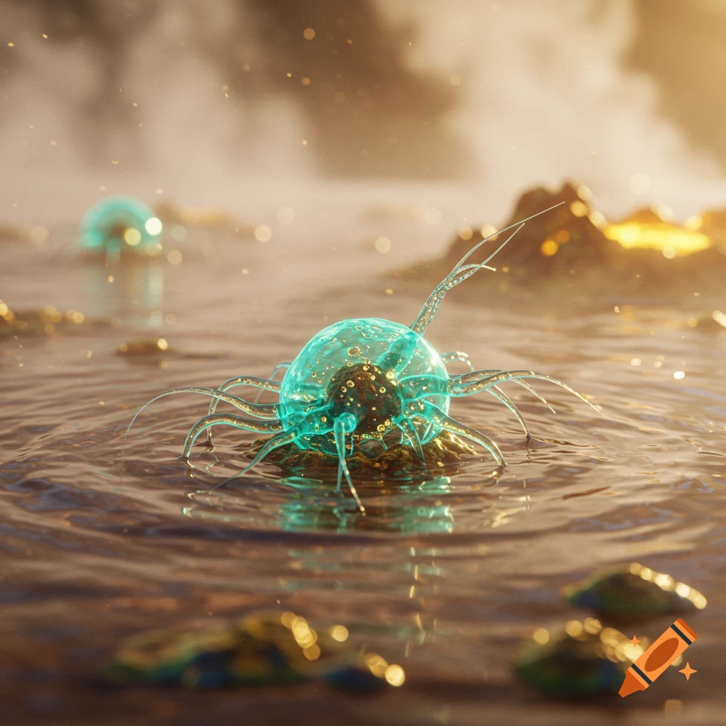 A glowing, translucent blue unicellular organism with tendrils floats in rippling brown water, illuminated by golden light.