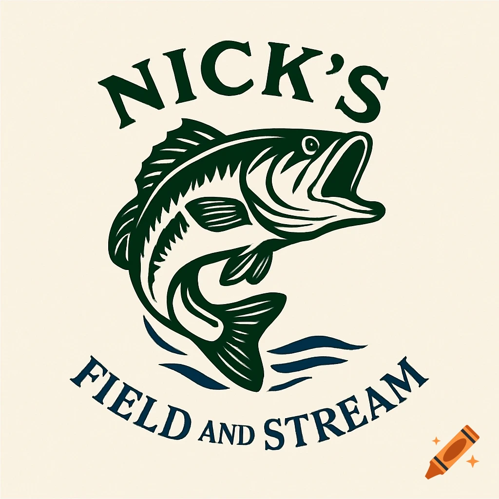 A logo with a dark green bass jumping above blue waves, with the text "NICK'S FIELD AND STREAM" curved around it.