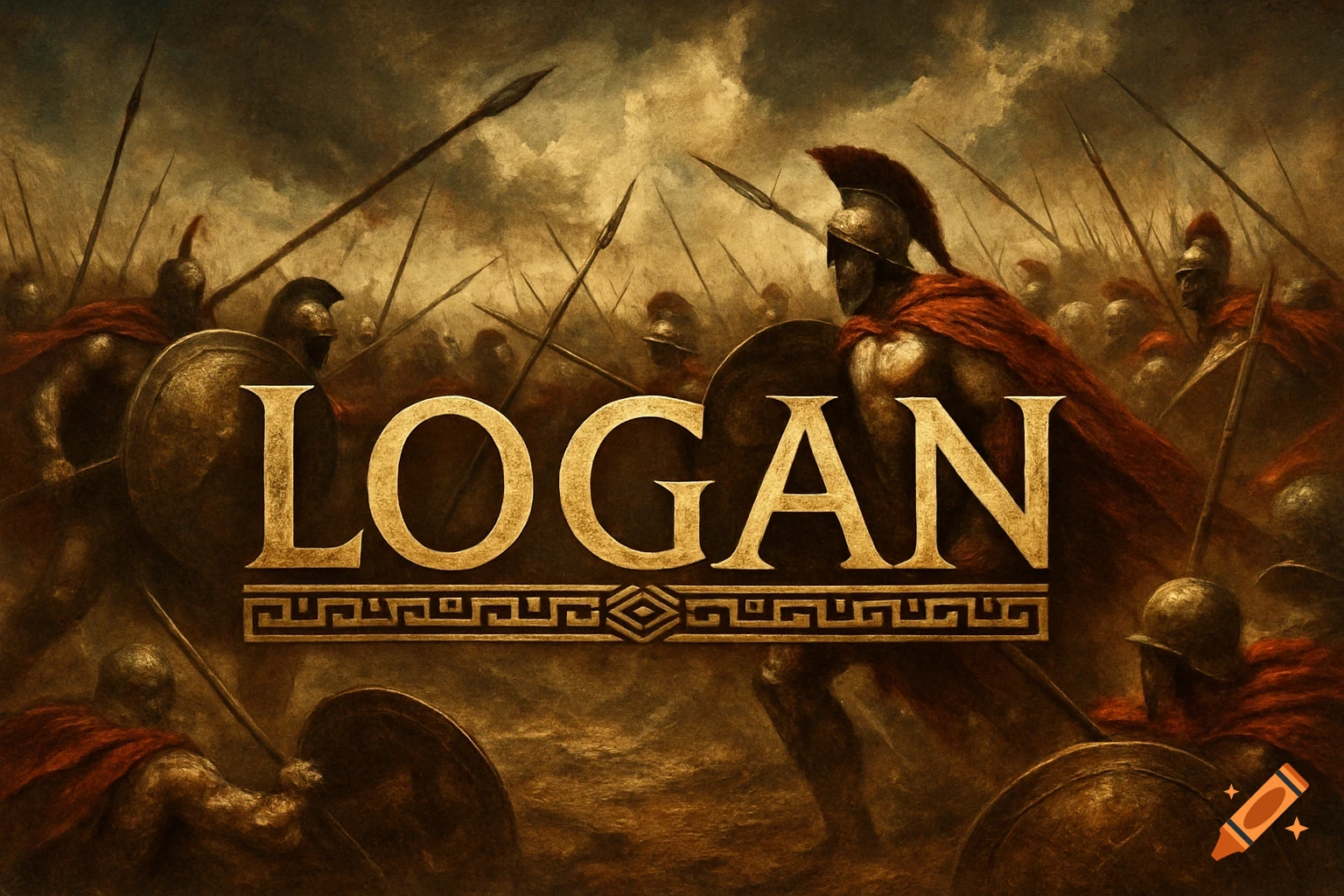 Golden text LOGAN over an epic, painterly image of Spartan warriors in a dramatic battle scene.