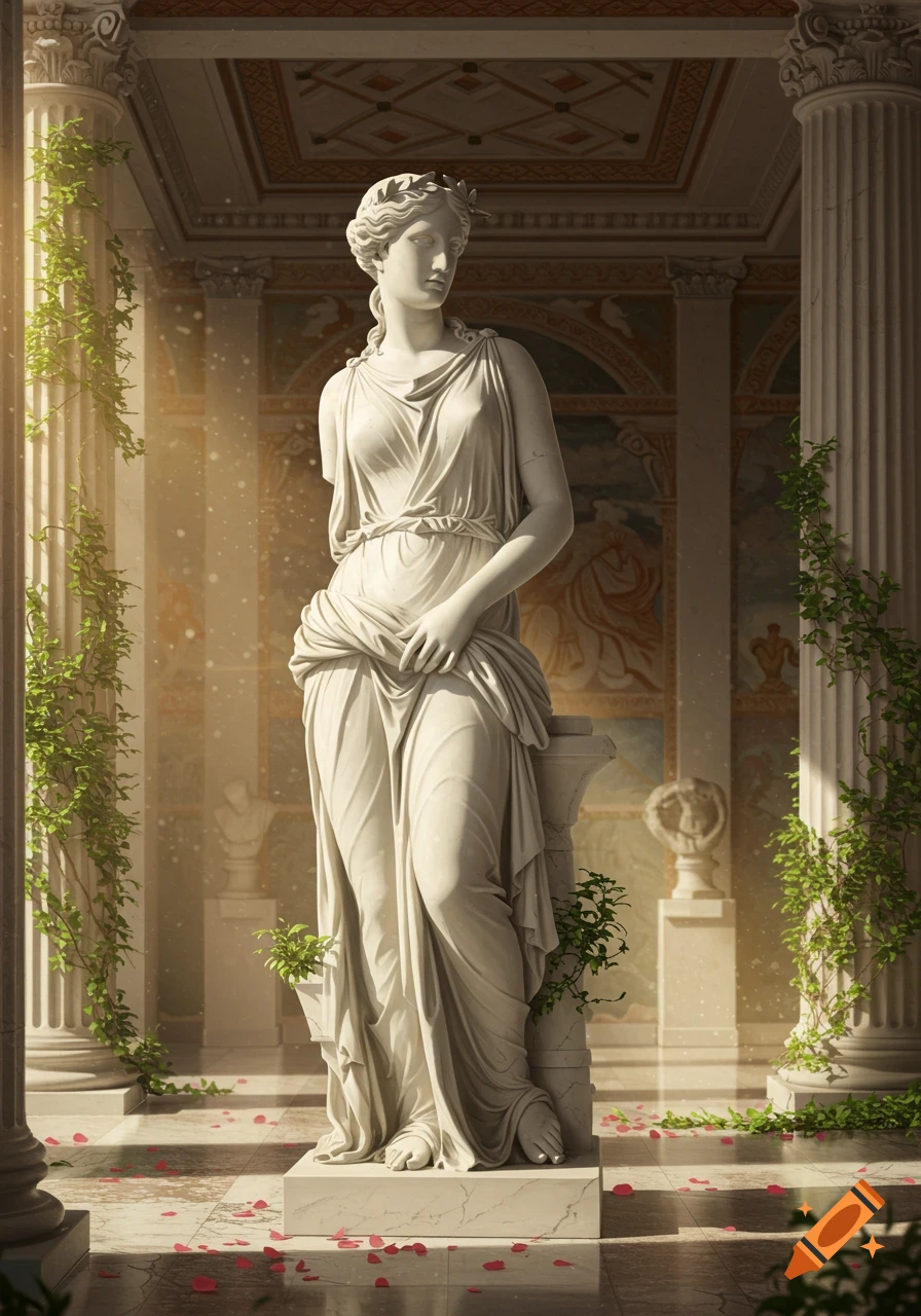 A photorealistic image of a classical marble statue of a draped woman in a columned courtyard with vines and rose petals.