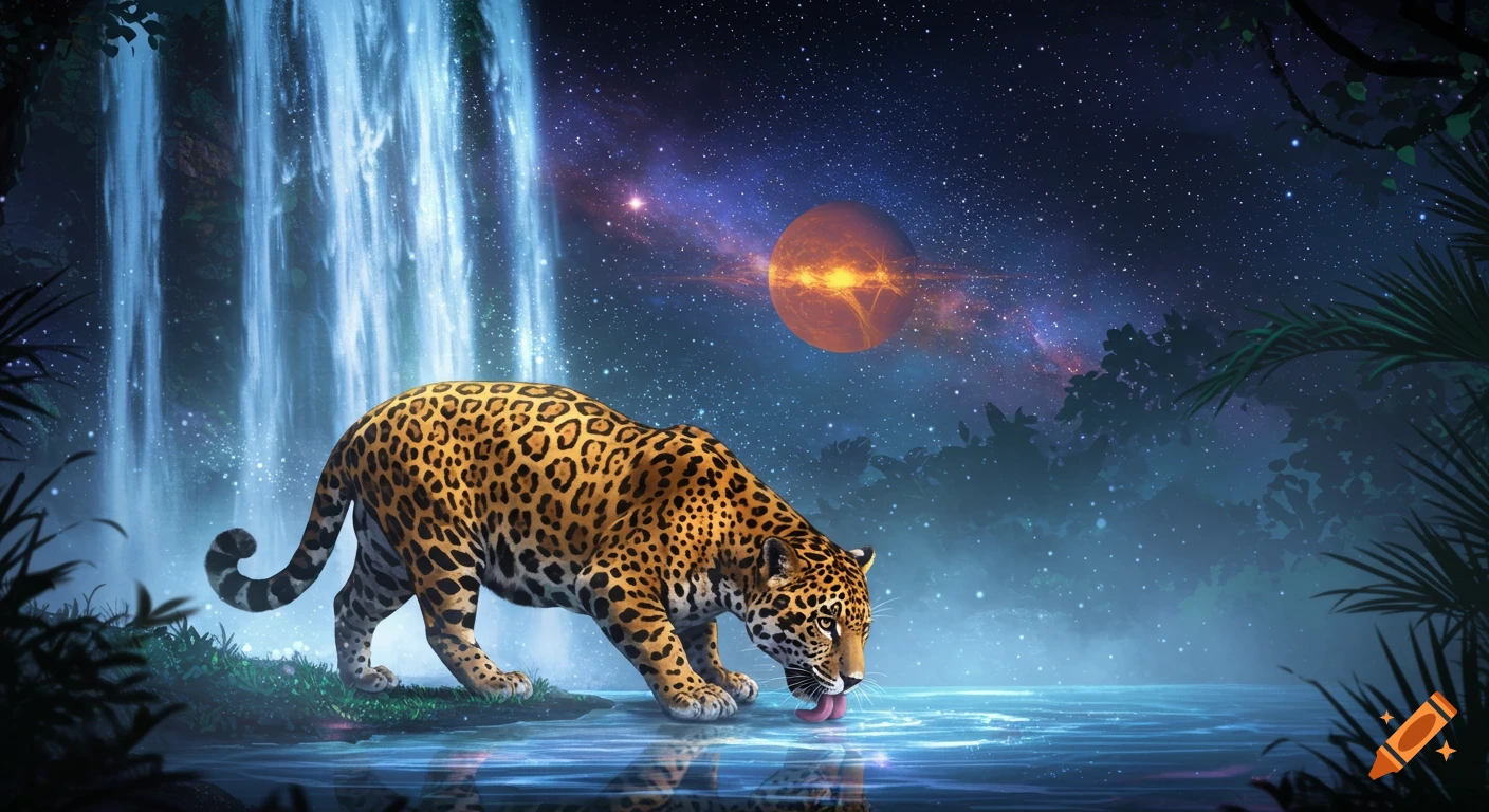 A majestic jaguar drinks from a pool beneath a luminous waterfall at night, with a fiery planet and starry galaxy in the sky.