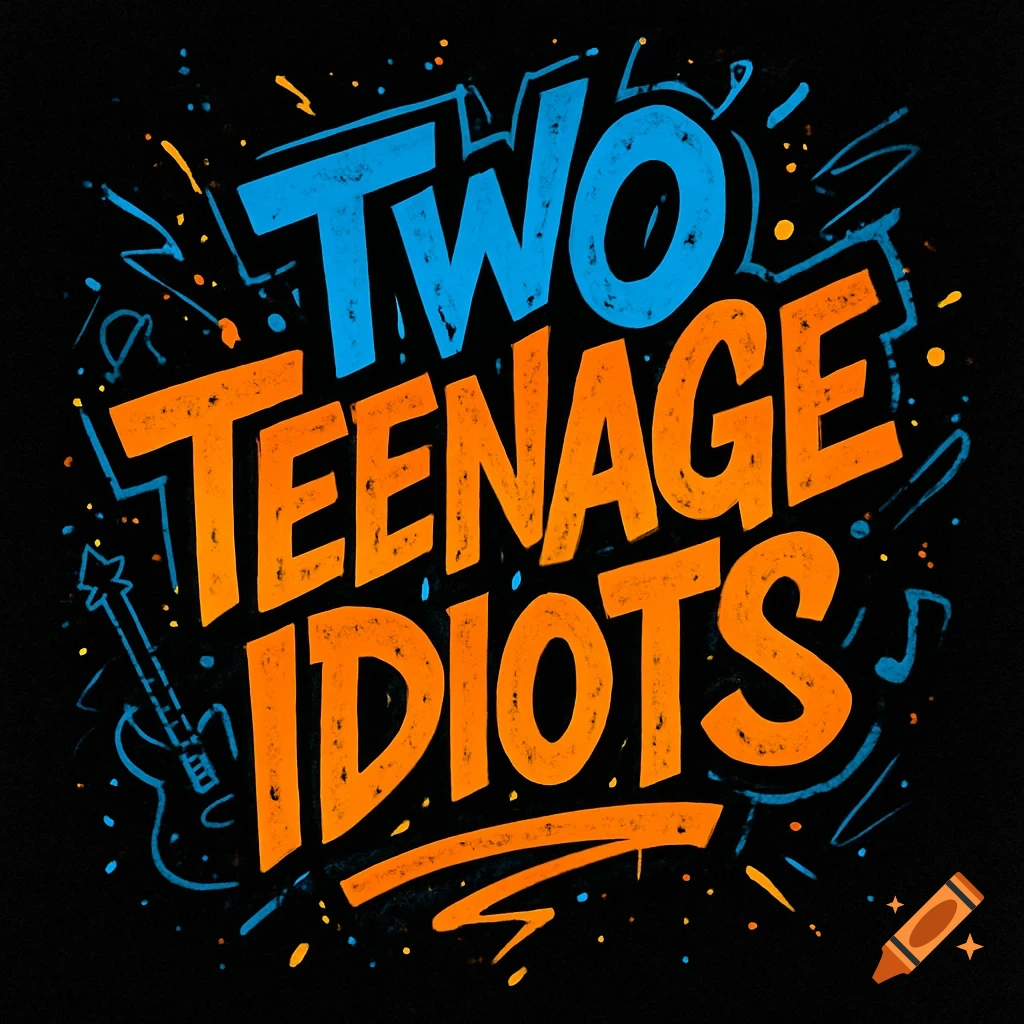Bold graphic band logo for 'TWO TEENAGE IDIOTS' in blue and orange text with musical doodles on a black background.
