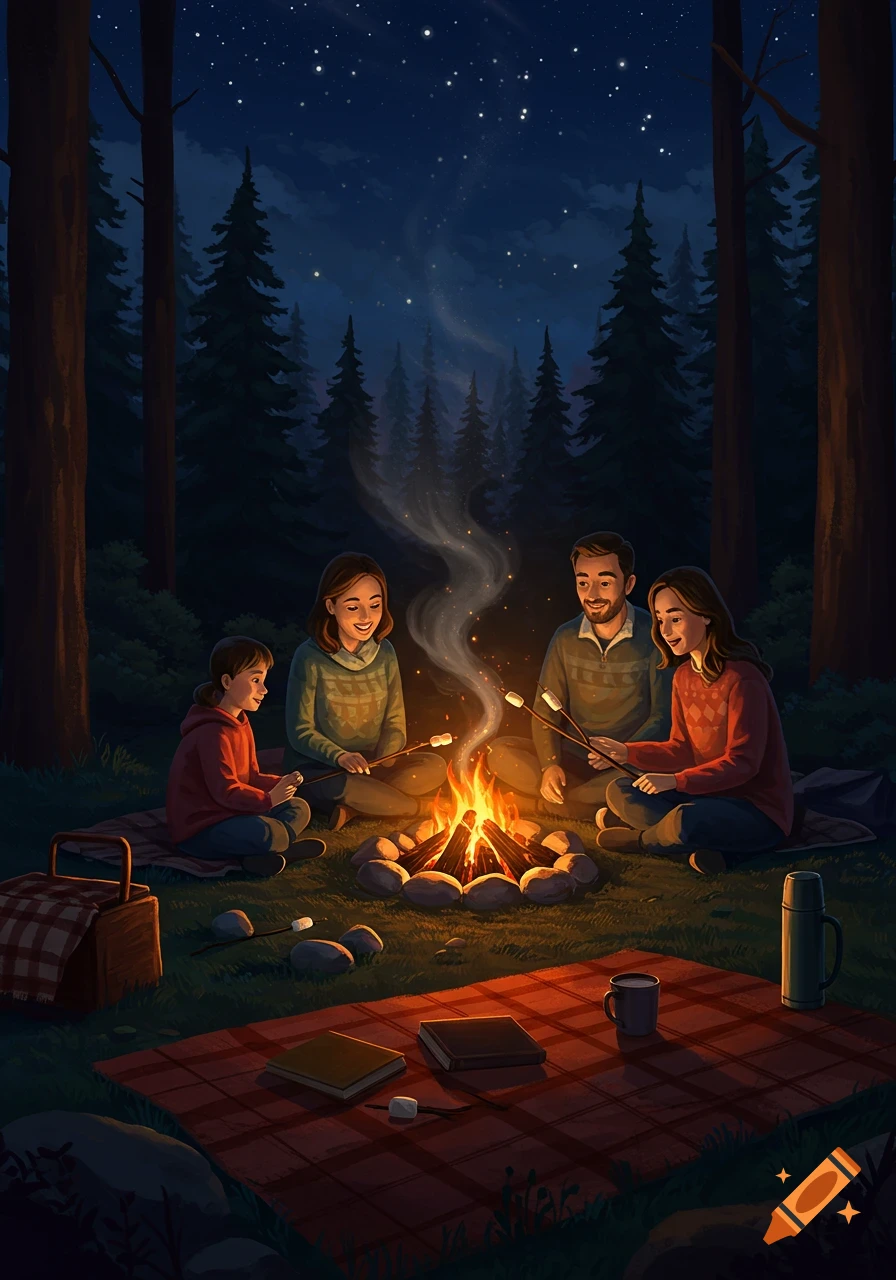 Illustrative image of a family roasting marshmallows around a campfire at night in a forest under a starry sky.