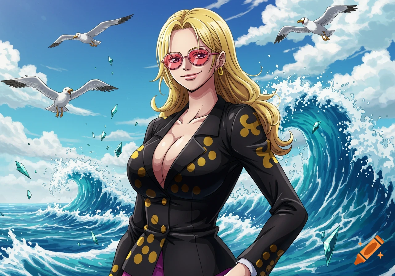 Anime illustration of a blonde woman in pink sunglasses and a low-cut black suit, smiling against ocean waves and seagulls.