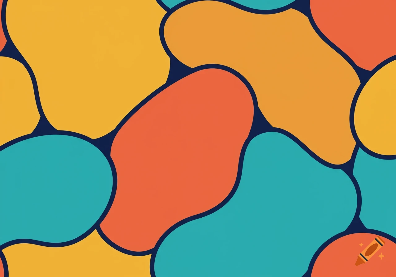 Abstract pattern of interlocking amoeba-like shapes in golden yellow, orange, coral, turquoise, and teal with dark outlines.