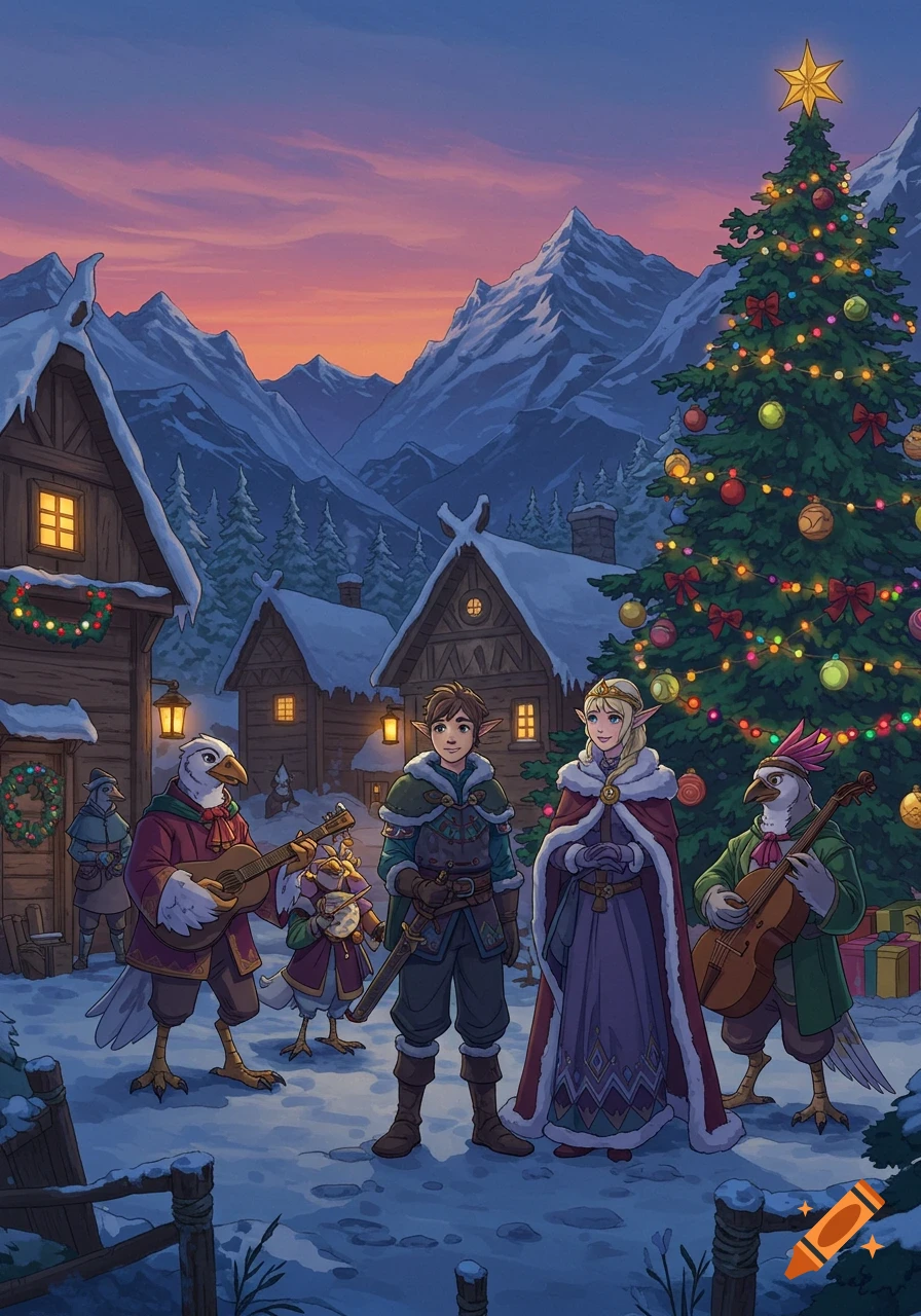 Animated fantasy illustration of an elf boy, princess, and bird-like humanoids playing music in a snowy Christmas village with mountains at sunset.
