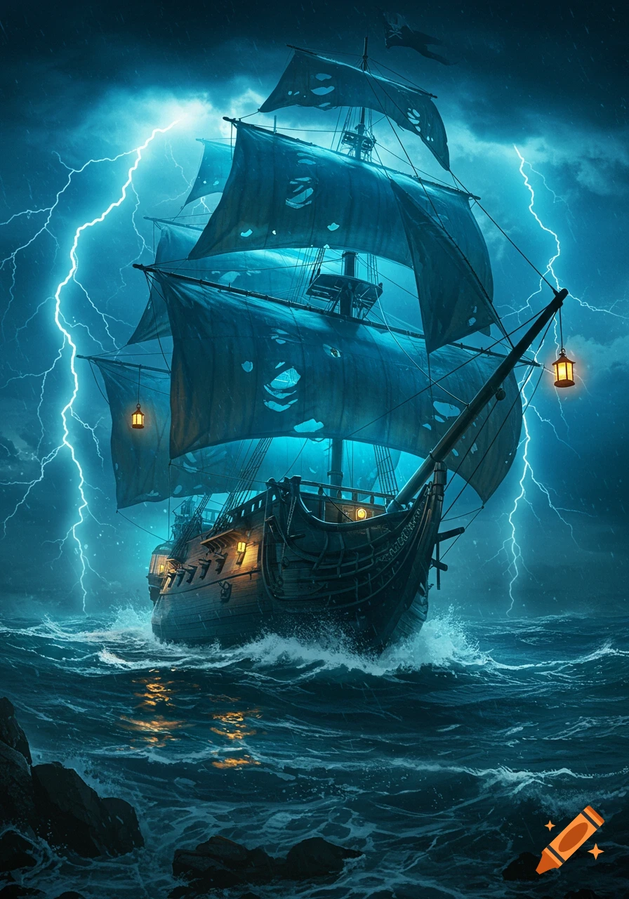 A dark pirate ship with tattered sails battles through a stormy, lightning-filled sea under a dark blue sky.