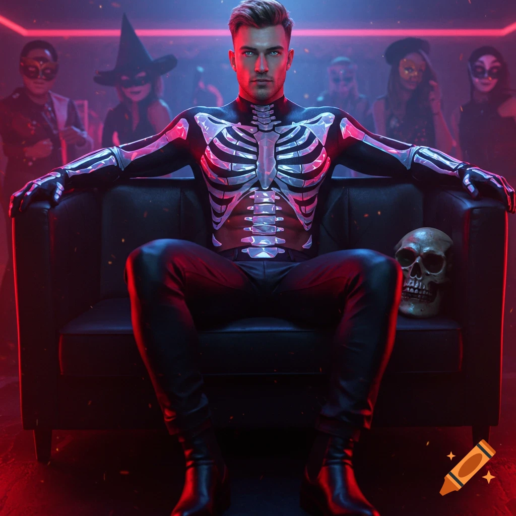 Photorealistic man in glowing skeleton costume and leather pants sits on a couch at a red-lit Halloween party. Skull on couch, masked figures in background.