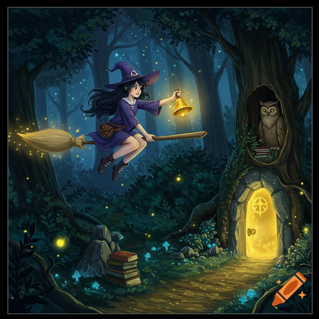 Young witch on a broomstick with a golden bell flies through a magical dark forest towards an owl in a glowing tree.