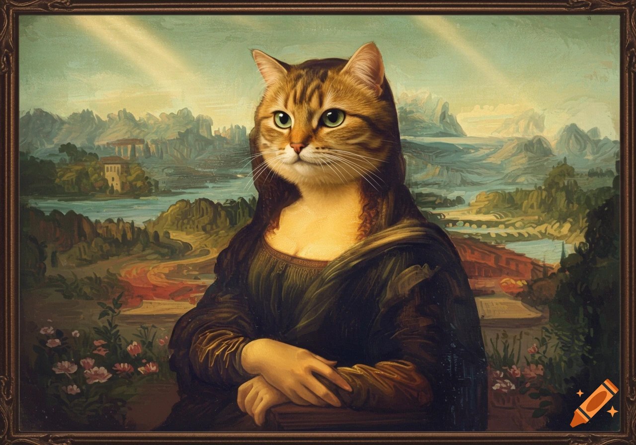 A humorous painting depicting the Mona Lisa's body with a realistic tabby cat's head, set against a classic landscape background.