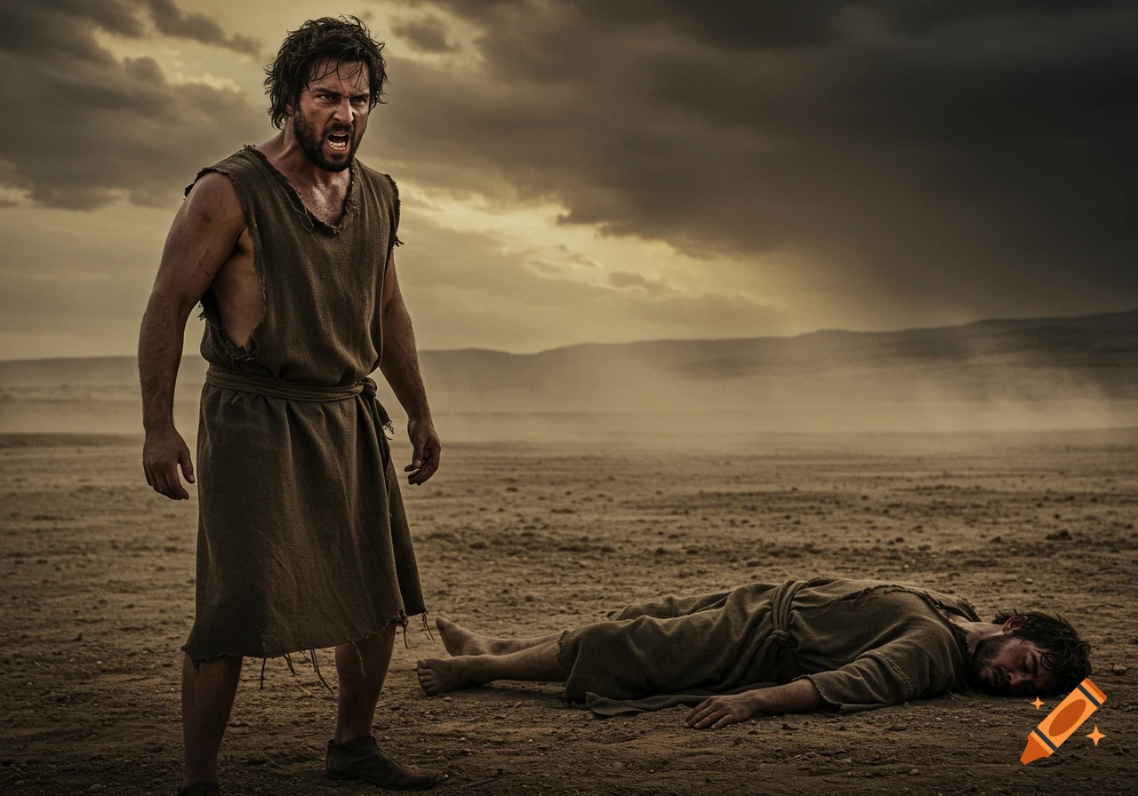 A distressed man in ragged robes stands over another man lying on a dusty, barren landscape under a stormy sky.