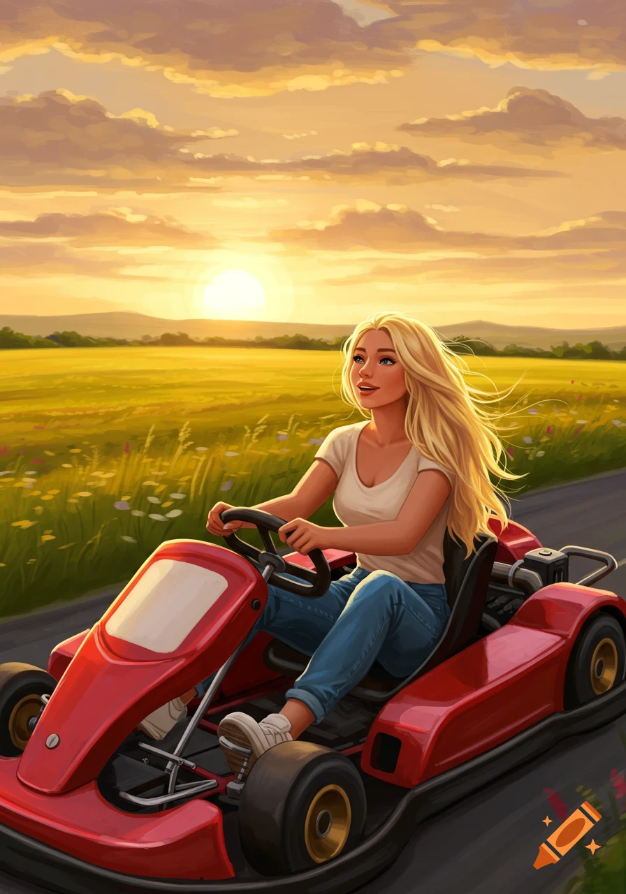 Illustrated blonde woman driving a red go-kart on a road next to a field at sunset.