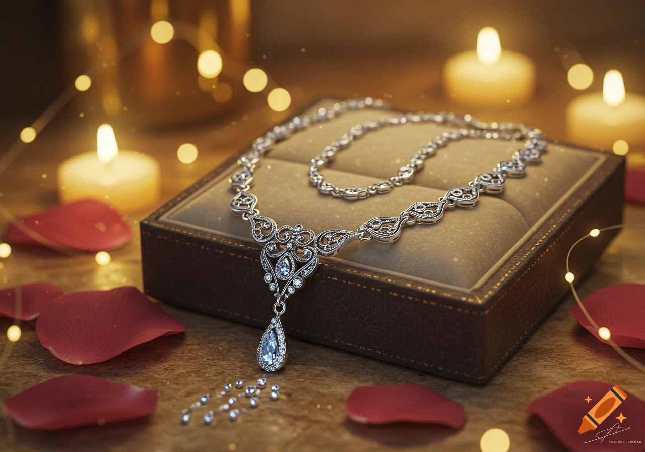 A silver necklace with a teardrop pendant and smaller gems in an open jewelry box, surrounded by rose petals and candles.