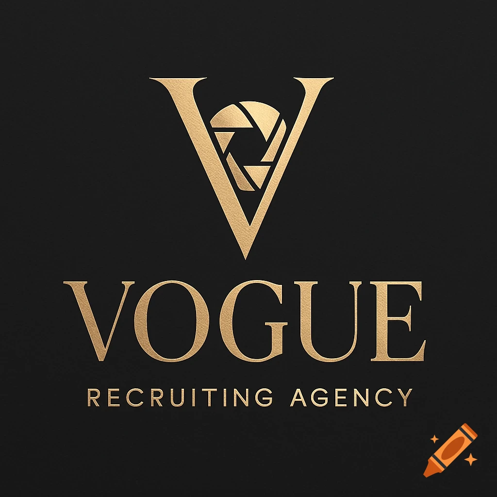 Gold 'Vogue Recruiting Agency' logo on black, featuring a 'V' with a camera aperture.
