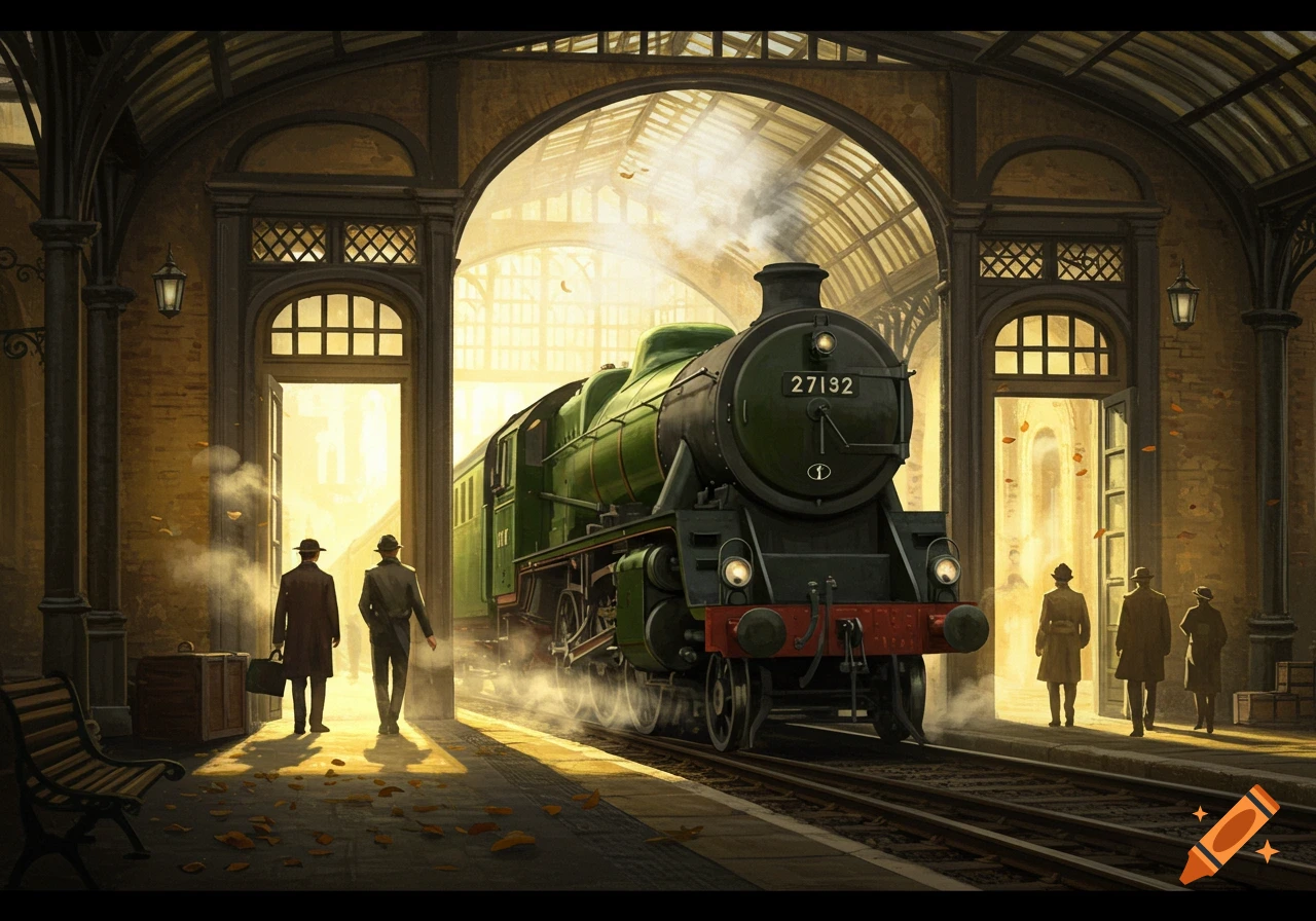 A vintage green steam train at a station, with light streaming through arched doorways, and people on the platform. Painterly style.