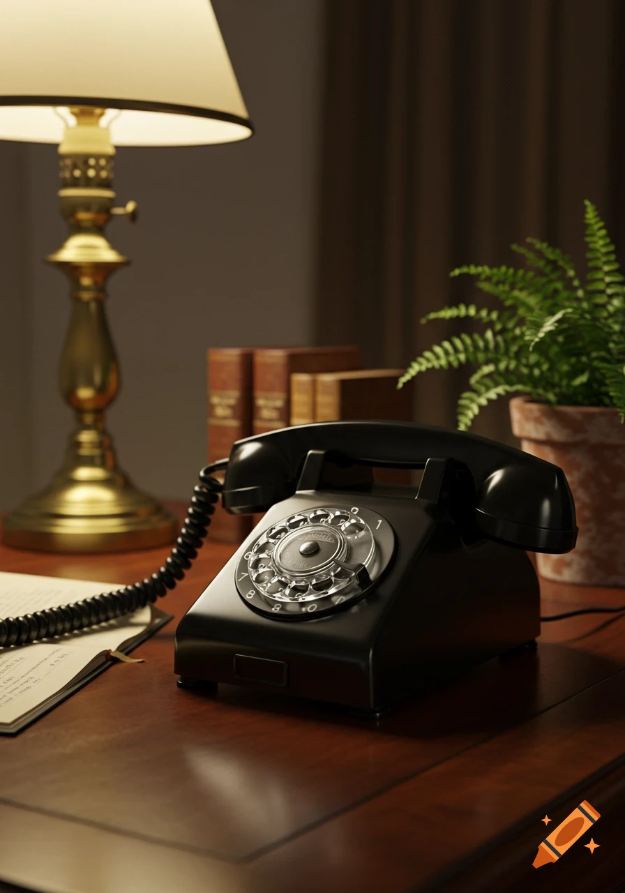 Photorealistic image of a vintage black rotary telephone on a wooden desk next to a glowing lamp, books, and a potted fern.