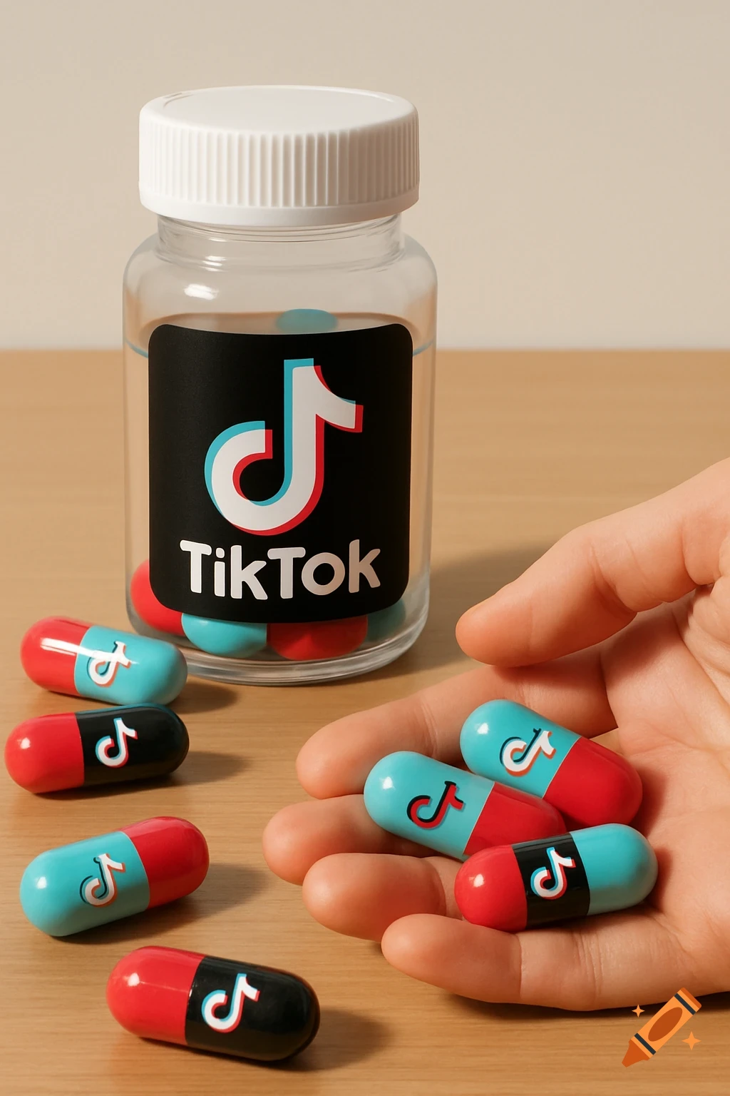Photorealistic image of a clear pill bottle with a TikTok label, filled with red and teal pills. A hand holds more pills while others are scattered on a wooden table.