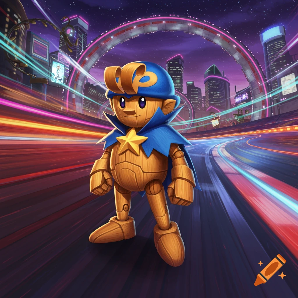 Geno from Super Mario RPG stands on a futuristic city racing track at night with neon lights.