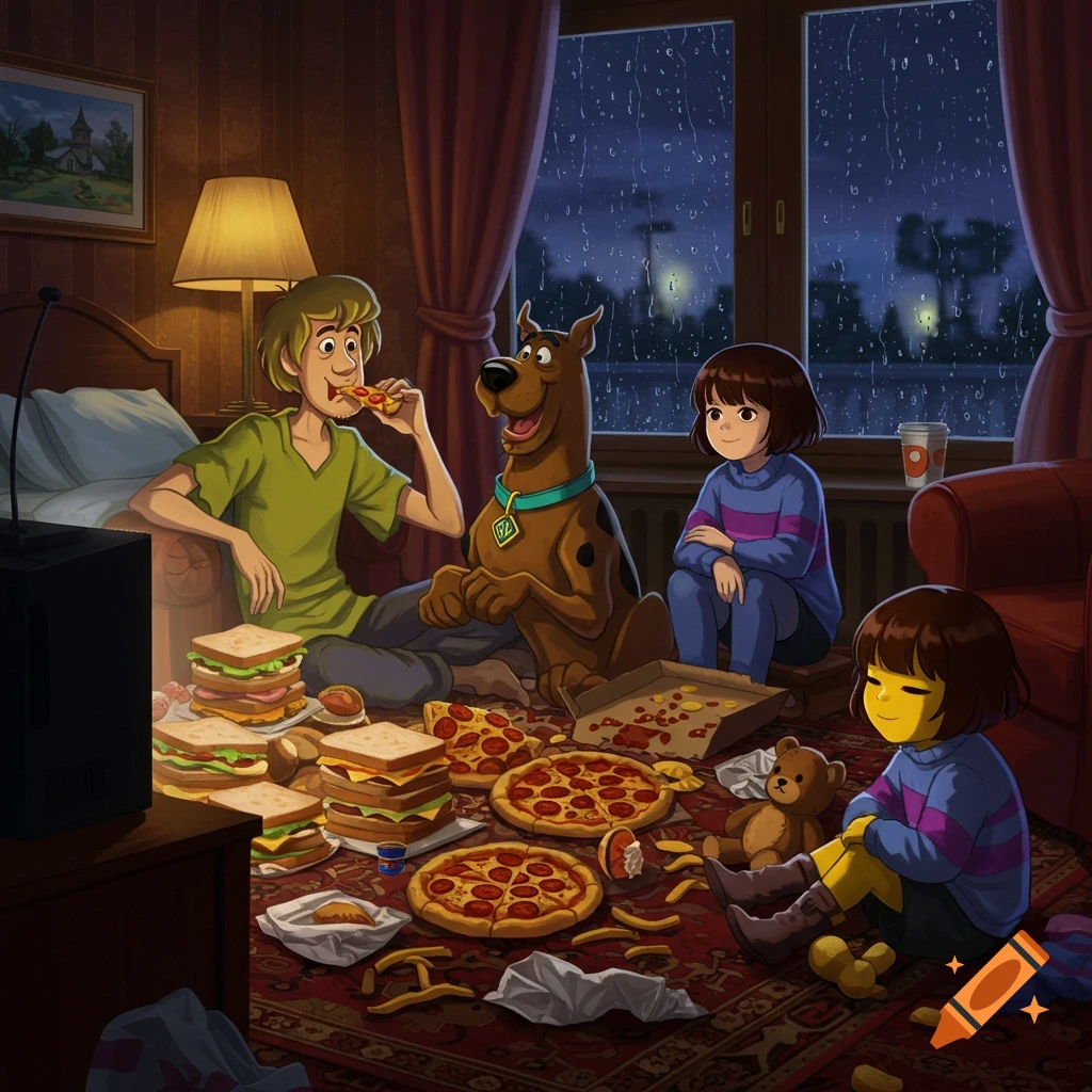 Shaggy, Scooby-Doo, and two Frisk characters from Undertale share pizzas and sandwiches in a cozy room during a rainy night.