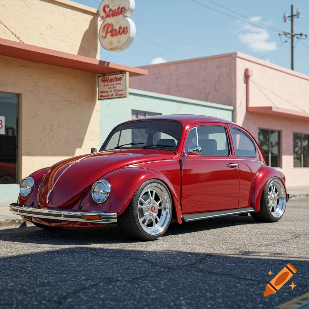 Photorealistic image of a glossy red 1967 VW Beetle, lowered on chrome Porsche Fuchs wheels, parked on a street.