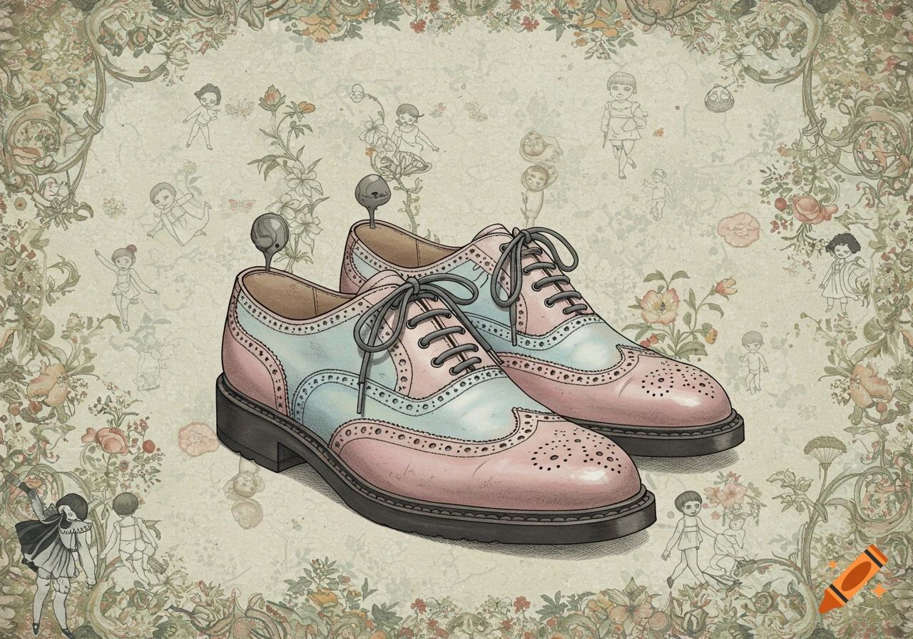 Illustration of pink and light blue brogue shoes on a whimsical floral background with small figures, in Henry Darger style.