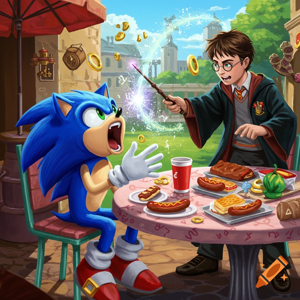 Vibrant illustration of Harry Potter casting a magic spell on a startled Sonic the Hedgehog at an outdoor cafe with food.