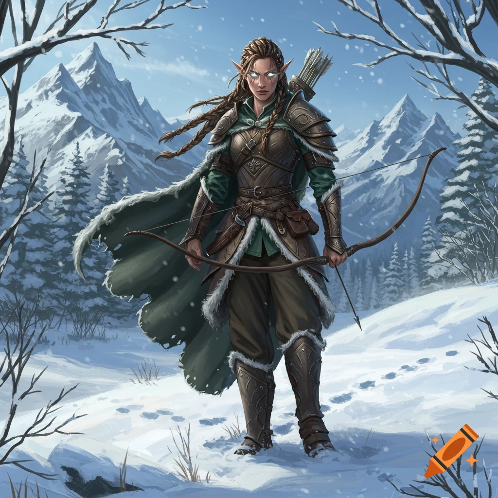 A female half wood elf ranger with light hazel eyes, dark braided hair, and leather armor holds a bow in a snowy winter mountain forest.