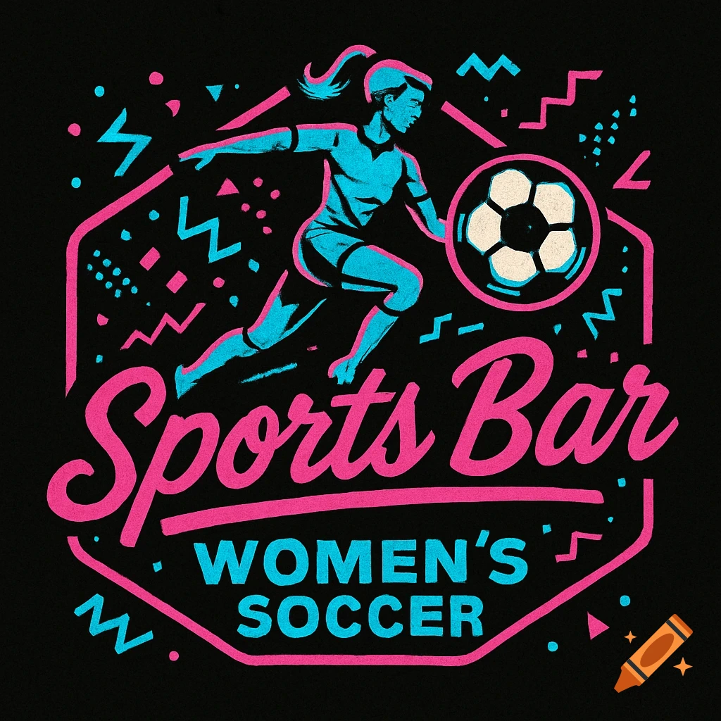 A retro 90s style logo for a sports bar featuring a female soccer player and the text 'Sports Bar WOMEN'S SOCCER'.
