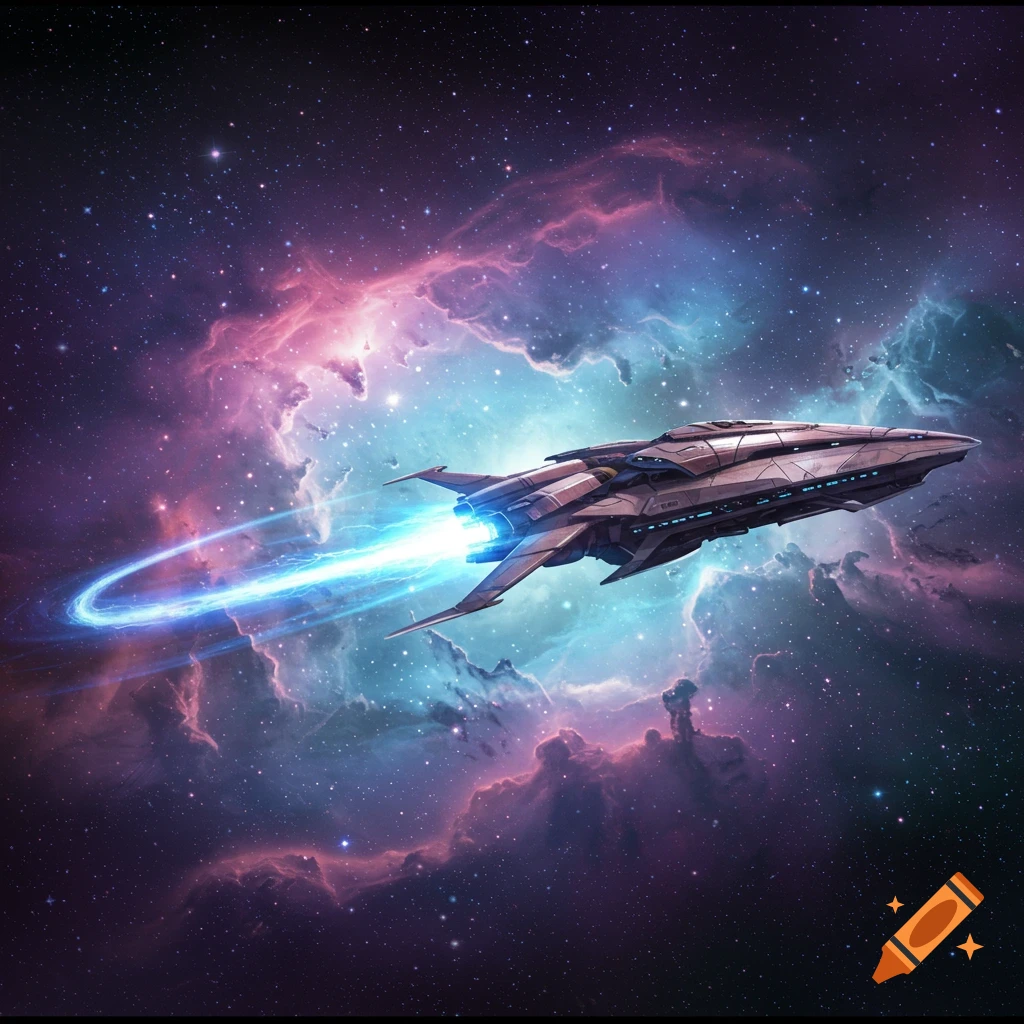 A futuristic spaceship with glowing blue engines flying through a vibrant pink and blue nebula in deep space.