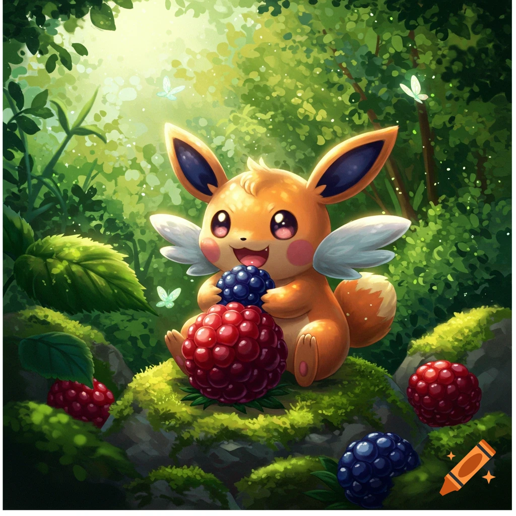 A cute, brown Eevee-like Pokemon with small wings happily eating red and blue berries in a vibrant, sunlit forest, digital art style.