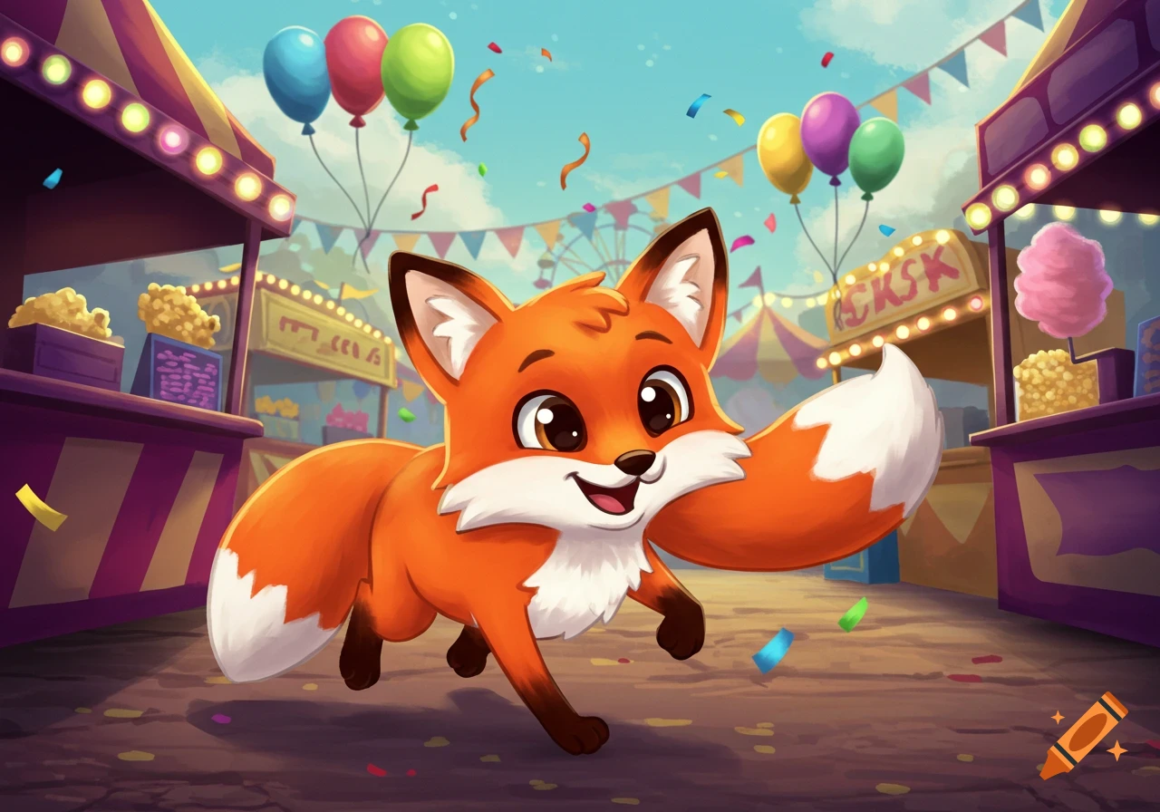 A happy cartoon fox runs through a colorful carnival with balloons and stalls, confetti in the air.